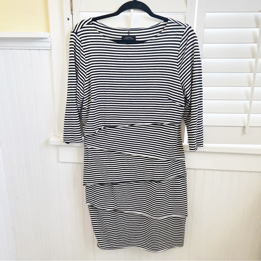 Tahari ASL Navy Blue & White Stripe Tiered Layer Sheath Dress Size 14